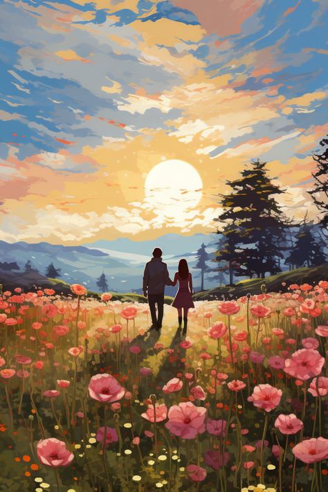 Flower Field Illustration, Field Illustration, A Field Of Flowers, Silhouette People, Couple Painting, Field Of Flowers, Cute Love Couple Images, Wall Gallery, Photo To Video