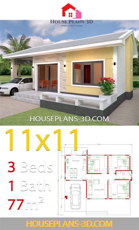 Simple House Design Plans 11x11 With 3 Bedrooms Full Plans Gable Roof House, House Plans 3d, Three Bedroom House Plan, House Plans With Pictures, Affordable House Plans, My House Plans, Two Bedroom House, House Design Plans, Three Bedroom House