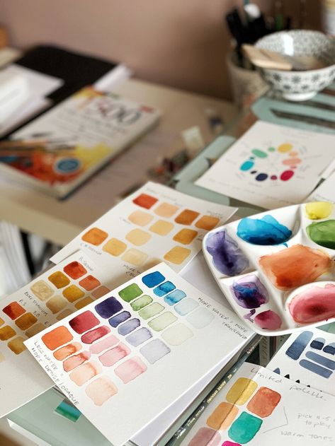 Watercolor Paint Aesthetic, Watercolor Paintings For Beginners Step By Step, Watercolor Set Up, Watercoloring Ideas, Aesthetic Watercolor Painting, Studio Interior Ideas, Watercolors For Beginners, Art Studio Interior, January Moodboard