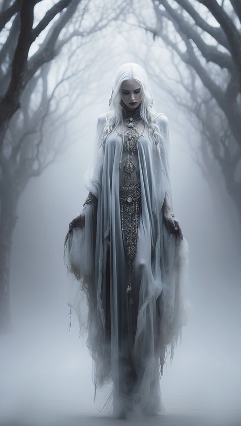 Lady In White Ghost, Dark Faerie Aesthetic, Dark Concept Art, Snow Witch, Ice Witch, Faerie Aesthetic, Winter Goddess, Mother Earth Art, Dark Fae