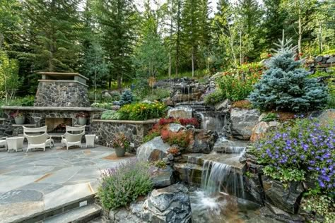 Traditional Landscaping, Waterfall Landscaping, Sloped Backyard Landscaping, Terraced Landscaping, Dream Backyard Pool, Hillside Garden, Garden Ponds, Sloped Backyard, Garden Waterfall