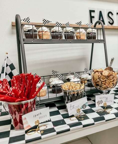 Speedway Birthday Party, Two Fast Treat Table, Racecar Birthday Party Snacks, Car Birthday Party Snacks, Gear Shift Cake Pops, 2 Fast Birthday Party Food Ideas, Two Fast Party Ideas, Vehicle Themed Birthday Party Food, Race Theme Birthday Party Food