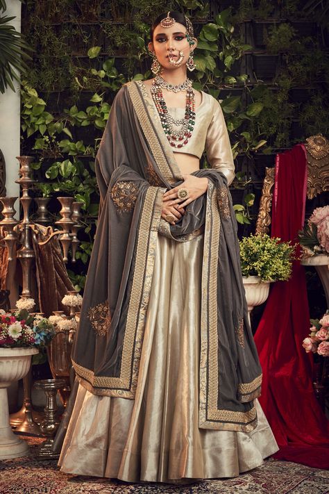 Shop for these amazing collections of Beige Silk Tissue Lehenga Set With Steel Grey Dupatta For Women by Ranian online at Aza Fashions. Formal Indian Wear, Tissue Lehenga, Grey Anarkali, Saree Photo Shoot, Marriage Clothes, Grey Dupatta, Lengha Blouse, Lengha Blouse Designs, Blouse 2023