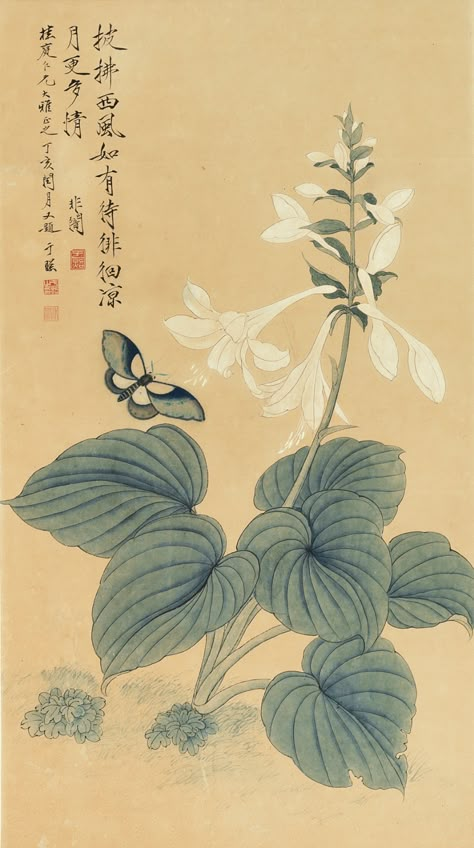 Chinese Painting Traditional, Chinese Painting Flowers, Vintage Asian Art, Plantain Lily, Chinese Flowers, Chinese Flower, Butterfly And Flowers, Korean Painting, Japanese Watercolor