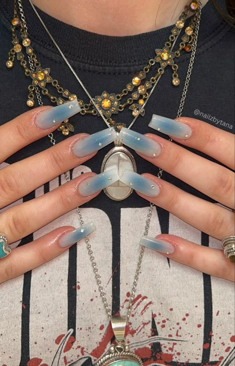 Long nails, square nails, airbrush nails, sparkle nails, blingy nails blue nails Thanksgiving Nails Design, Nails Design Fall, Thanksgiving Nails Design Fall, Concert Nails, Thanksgiving Nail Designs, Long Square Nails, Thanksgiving Nail, Airbrush Nails, Classy Acrylic Nails