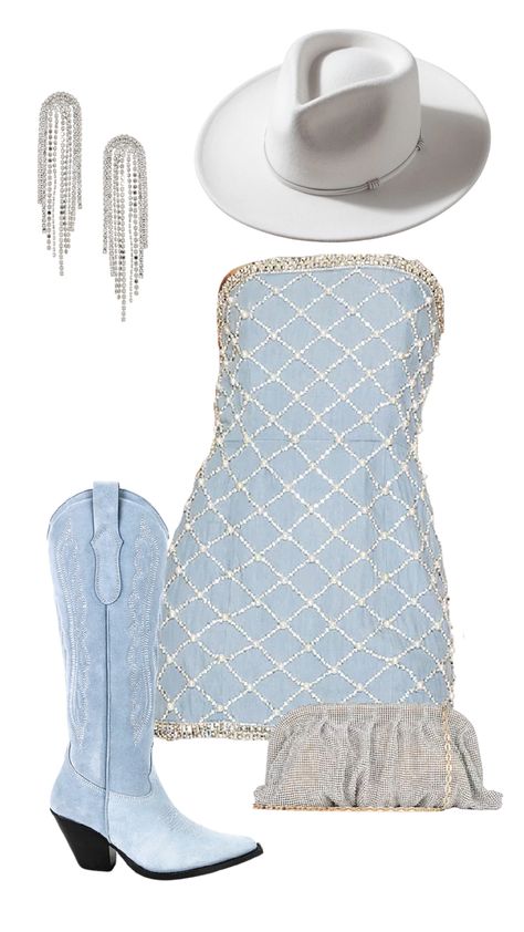 Rhinestone denim dress with blue cowgirl boots and diamond accessories. Western Themed Outfits Women, Diamonds And Demin Outfits, Country Bday Outfit, Denim On Denim Party Outfit, Bride Country Outfit, Birthday Country Outfit, Country Concert Outfit Sparkle, Country Glam Dress, Denim Diamonds Theme Outfit Bachelorette Party