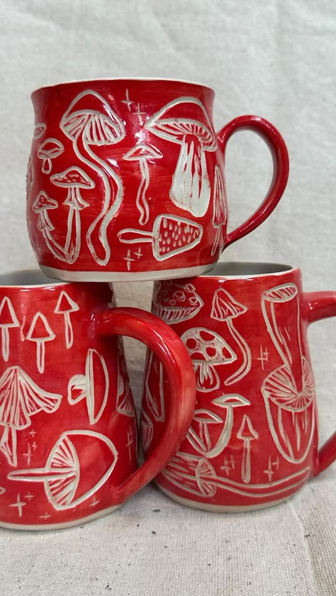 Anna | Ceramic Artist | Giving the people what they want: more red mushroom mugs and satisfying carving videos 🍄❤️‍🔥 ps… restock tomorrow at 10 am!… | Instagram Wine Glass Ceramic, Ceramics Mugs Ideas, Mushroom Mug Ceramics, Cool Ceramics Ideas, Mushroom Ceramics Ideas, Ceramics Mushroom, Pottery Mushrooms, Mushroom Pottery, Glazed Mugs