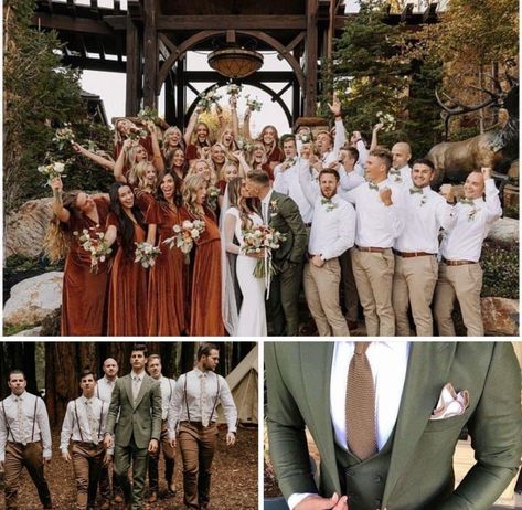 Groomsmen Attire Groom Different, Groomsmen Attire Fall Wedding Color Combos, September Wedding Mens Attire, Safe And Burnt Orange Wedding, Earth Tone Wedding Groom, Fall Wedding Colors Men, Fall Wedding Colors For Men, Groom In Green Groomsmen In Tan, Bridesmaid And Groomsmen Colors Rustic