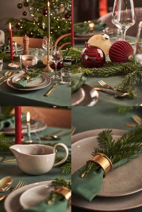 Christmas Table Photography, Christmas Table Round Decorations, Green Gold Christmas Table, Dinner Christmas Table, Sage Green Christmas Table, Green Table Cloth Christmas, Christmas Table Settings Green, Christmas Dinner Set Up, Christmas Table Green