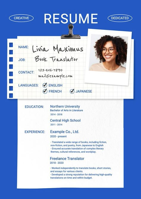 Book translator resume template, editable design | premium image by rawpixel.com / audi Graphic Designer Resume Ideas, Graphic Design Resume Layout, Cv Designer Graphic, Translator Resume, Cv Design Template Free, Contact Card Template, Resume Design Inspiration, Portfolio Layout Design, Cv Creative