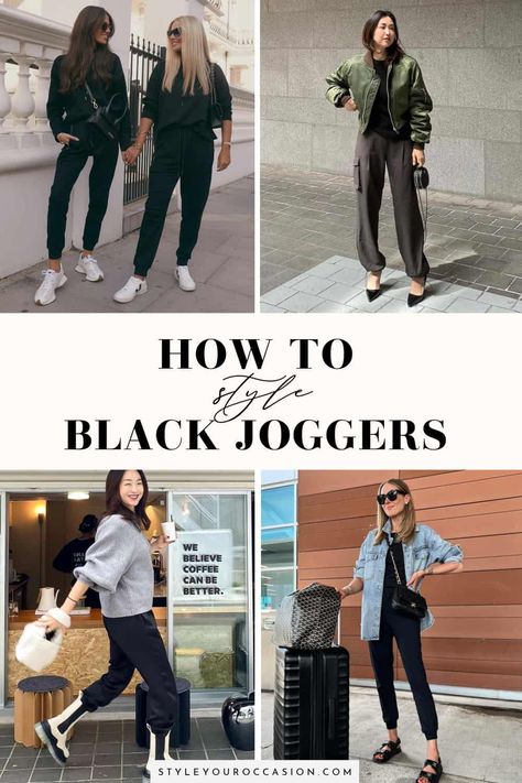 Wondering how to style black sweatpants or black joggers? This list of black joggers outfits for women has it all - casual, comfy, dressy, for work, going out, street style, and looks for spring, summer, fall, and winter. Get a chic aesthetic with these modern black jogger outfit ideas and black leather joggers outfits. Black Sweatpants Street Style, Black Joggers Outfit Street Style, Black Leather Joggers Outfits, Black Jogger Pants Outfit, Style Black Sweatpants, Athletic Joggers Outfit, Cargo Joggers Outfits Women, Satin Joggers Outfit, How To Style Black Sweatpants