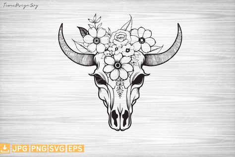 Cow Skull With Flowers Tattoo, Bull Head With Flowers, Country Svg, Cow Skull Svg Free, Cow Skull With Sunflowers Tattoo, Long Horn Bull Skull Tattoo With Flowers, Cow Head With Flowers Svg, Cow Skull Art, Western Tattoos