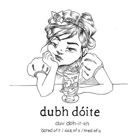 'Dóite' in Irish, can mean to burn something or something withered or something that's bitterly severe or fed up and bored! Its a pretty interesting word! 'dubh dóite' literally sounds like burnt black, but might also be suggesting that the light or shine 'geal' that someone has is faded or gone out and that describes their boredness. Irish Culture Aesthetic, Irish Gaelic Language, Irish Phrases, As Gaeilge, Scottish Words, Gaelic Words, Irish Words, Irish Things, Ireland History