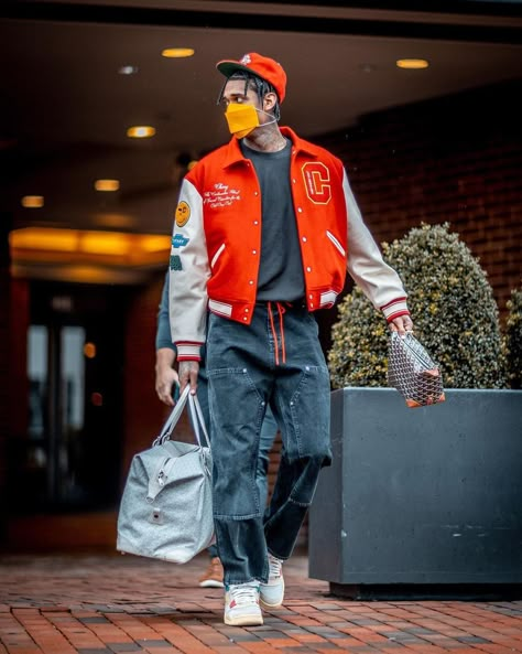 Jordan clarksons wears a @cherrylosangeles varsity jacket & hat, and @unionlosangeles x @jumpman23 #airjordan4 sneakers with @goyardofficial bags ahead of the @utahjazz vs @washwizards game. (photos: @thehapablonde) #upscalehype #jordanclarkson #jordanclarksonuh #cherryla #unionla #unionlosangeles #airjordan #goyard #nbastyle Men’s Varsity Jacket, Varsity Jacket Mens Outfits, Men’s Varsity Jacket Outfit, Varsity Jacket Streetwear, Mens Varsity Jacket Outfit, Styling Varsity Jacket, Men Varsity Jacket Outfit, Black Varsity Jacket Outfit, College Jacket Outfit