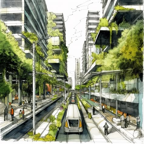 Green Cities Concept, Urban City Planning, Nature In Urban Environment, Future Urban Design, Urban Design Illustration, Sustainable Urban Planning, Urban City Sketch, Green Urban Design, Walkable City Design