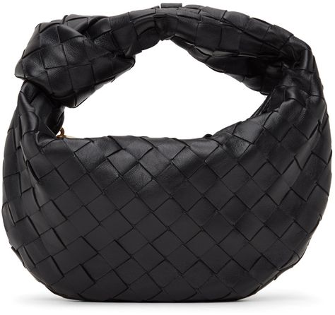 Intrecciato-woven grained calfskin and lambskin top handle bag in black. · Fixed carry handle featuring knotted detailing at top · Zip closure · Tonal grained leather lining · Gold-tone hardware · H6 x W9 x D2 in Supplier color: Black | Bottega Veneta Black Mini Jodie Bag Bottega Mini Jodie, Bottega Jodie, Botegga Veneta, Mini Jodie Bag, Jodie Bag, Bottega Bag, Bottega Veneta Jodie, Mini Jodie, Bottega Veneta Bag