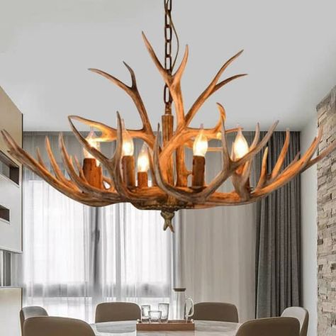 Zickel 6-Light Rustic Resin Chandelier Antler Shape Pendant Light Farmhouse - On Sale - Bed Bath & Beyond - 36040630 Shop House Design, Cabin Light Fixtures, Cabin Remodel Ideas, Western Home Decor Ideas, Antler Light Fixtures, Hunting Room Decor, Modern Rustic Chandelier, Stairway Chandelier, Resin Chandelier