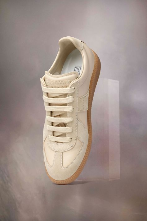 Women's Replica Sneakers In Nappa Leather | Maison Margiela Margiela Replica Sneakers, Designer Sneakers For Men, Replica Sneakers, Dirty White, How To Clean Suede, Margiela Replica, Black Knit Cardigan, Vintage Sneakers, Fabric Tote