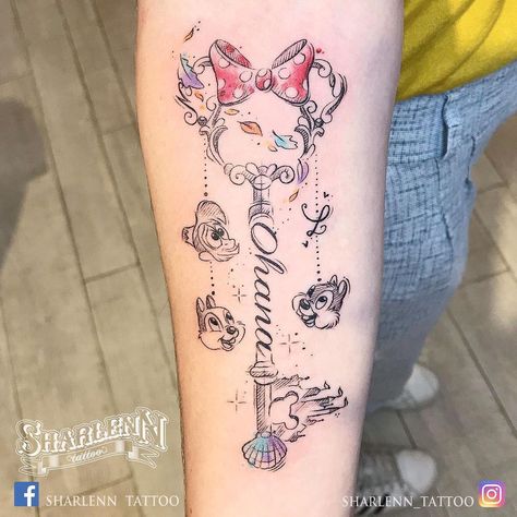 Disney Key Tattoo, Kid Tattoos For Moms, Grandchildren Tattoos, Disney Inspired Tattoos, Disney Sleeve Tattoos, Disney Sleeve, Key Tattoos, Key Tattoo, Mom Tattoo Designs