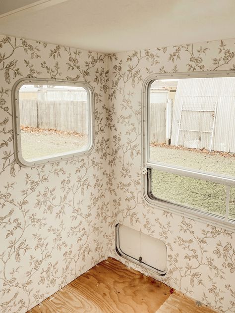 Camper Renovation: Woodland Wallpaper - Deb and Danelle Camper Wallpaper, Rv Wallpaper, Camper Interior Ideas, Camper Flooring, Camper Home, Rv Remodel Ideas, Christmas Camper, Rv Decorating, Mobile Home Makeover