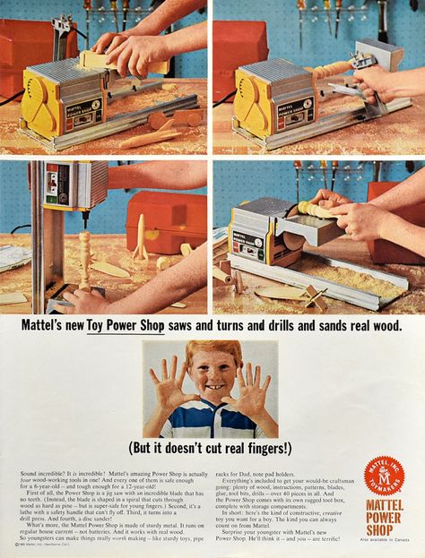 Vintage 1965 advertisement for Mattel's Toy Power Shop, featuring a jig saw, drill press, disc sander, and lathe.  Did you have one of these as a kid?  It looks like so much fun!  Perfect gift for a woodworker.  Shop for more nostalgic vintage ads & art prints in the Retro Reveries shop. #RetroReveries #vintageads #retroadvertising #retroprints #childhoodnostalgia #1960smemorabilia #workshopdecor Industrial Graphic Design, Sports Ads, Sewing Form, Vintage Propaganda, Note Pad Holder, 70s Toys, Vintage Advertising Art, Retro Advertising, Magazine Ad