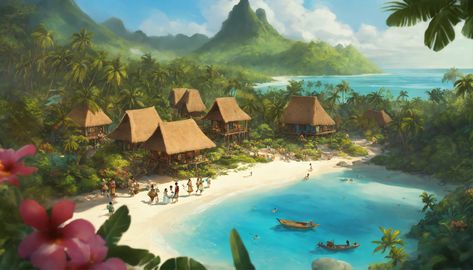 Island City Fantasy Art, Island City Concept Art, Polynesian Aesthetic, Polynesian Architecture, Moana Village, Houses On The Beach, Fantasy Tropical Village, Tropical Island Fantasy Art, Moana Concept Art