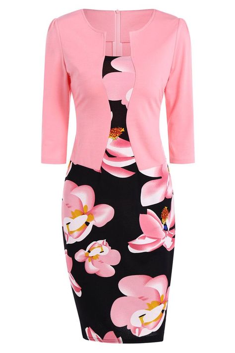 Love this!! Pink 3/4 Sleeve Dress For Work, Áo Blu, Dress With Jacket, Pencil Dresses, Full Figure Fashion, Floral Jacket, Work Dress, Dress Inspiration, Bodycon Dresses