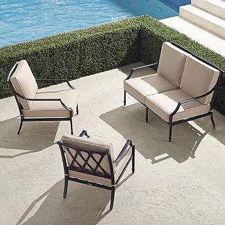 Grayson 3-pc. Loveseat Set in Black Finish Chairs For Fire Pit, Townhouse Backyard, Outdoor Seating Ideas, Shed Backyard, Black Outdoor Furniture, Frontgate Outdoor, Frontgate Outdoor Furniture, Metal Outdoor Furniture, Metal Patio Furniture