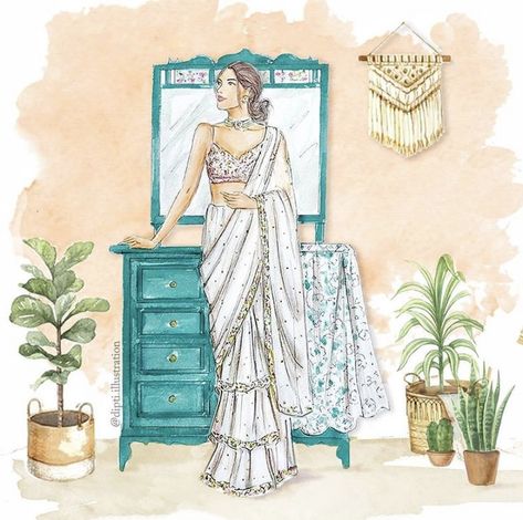 Backgrounds For Fashion Illustration, Background Ideas For Fashion Illustration, Background For Illustration Fashion, Fashion Illustration Background Ideas, Saari Illustration, Saree Illustration Sketch, Traditional Dress Illustration, Traditional Fashion Illustration, Saree Illustration