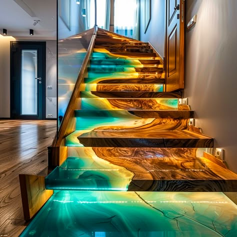 Epoxy Stairs, Grand Staircase Entrance, Woodworking Epoxy Resin, Stairway Art, Epoxy Furniture, Live Edge Design, Highway To Heaven, Wood Resin Table, Staircase Designs