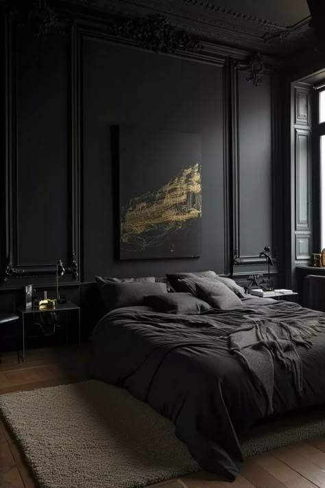 Loft Accent Wall Ideas, Black Brick Wall Bedroom, Black Panelling Bedroom, One Black Wall Bedroom, Modern Luxury Bedroom Black, Black Accent Wall Bedroom Ideas, Accent Wall Bedroom Ideas, Black Accent Wall Bedroom, Luxury Black Bedroom