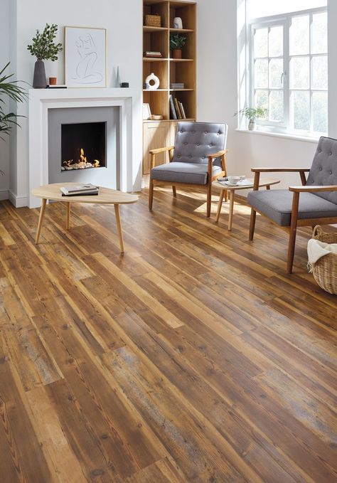 Vintage Pine rigid core flooring shown in a transitional living area adorned with midcentury modern furniture and modern fireplace; followed by a close-up angled image of the flooring. Vinyl Plank Flooring Colors, Pine Wood Flooring, Oak Wood Floors, Flooring Trends, Hardwood Tile, Traditional Rustic, Luxury Vinyl Plank Flooring, Floor Colors, Commercial Flooring