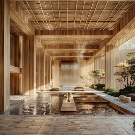 Zen suite meets summer vibes—self care spa day when? 🧘‍♀️🌱 - Eco-Friendly Japandi Style Hotel featuring Organic Architecture and Natural Materials located in the Heart of the Botanical Gardens. Inspired by Kengo Kuma 🎋 - #spadayeveryday #dreamhotel #earthyvibes #selfcaredays #kengokuma #japandidesign #hotelgoals #Organicarchitecture #luxuryspa #selfcareishealthcare #hotelliving #botanicalgarden Japandi Spa, Japanese Resort, Self Care Spa Day, Spa Architecture, Luxury Spa Design, Modern Japanese Design, Japanese Spa, Hotel Swimming Pool, Spa Interior Design