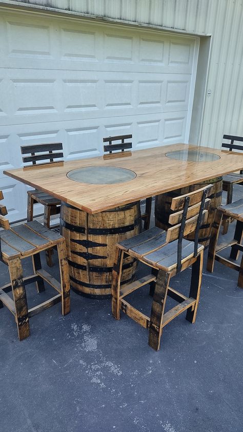 Whiskey Barrel Table, Whiskey Barrel Dining Table, Whiskey Barrel Dining Set, Bourbon Barrel Table, Bourbon Barrel Dining Set - Etsy Whisky Barrel Table, Barrel Table Diy, Bourbon Barrel Table, Oak Barrel Furniture, Whiskey Barrel Bar, Whiskey Barrel Table, Chestnut Stain, Wine Barrel Table, Barrel Ideas