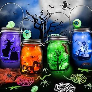 Shemira Halloween Craft Kit for Kids, 4 pcs Glass Mason Jar with Accessories for DIY Lantern Jar, Halloween Art & Craft Party Supplies, Halloween Art Activities,Halloween Craft and Art Party Supplies Halloween Art Activities, Halloween Classroom Crafts, Cheap Halloween Crafts, Easter Handprint Crafts, Lantern Jar, Halloween Lanterns Diy, Art Party Supplies, Halloween Craft Kits, Diy Lantern