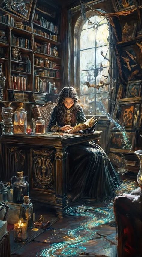 Mystical Witch Reading Spellbook in Enchanted Apothecary, Glowing Potions and Candlelight for a Magical Halloween Vibe royalty free illustration Witches Fantasy Art, Witch Magic Art, Magic Book Illustration, Victorian Witch Aesthetic, Witch Art Aesthetic, Witch Studying, Fantasy Art Witch, Reading By Candlelight, Potion Room