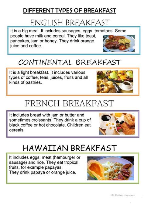 DIFFERENT TYPES OF BREAKFASTS AROUND THE WORLD - English ESL Worksheets for distance learning and physical classrooms Breakfast Menu Design, Hawaiian Breakfast, Breakfast Around The World, Savory Spice, Woven Mat, Spice World, Light Breakfast, French Breakfast, Continental Breakfast