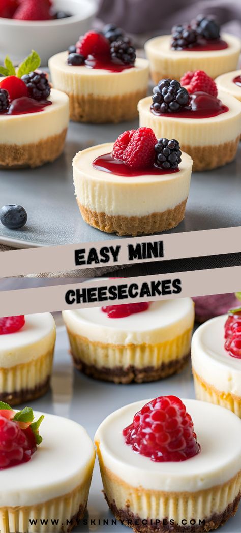 🧁✨ Easy Mini Cheesecakes that are creamy, delicious, and perfect for any occasion! With a simple graham cracker crust and smooth vanilla filling, these bite-sized treats are ready for your favorite toppings—berries, chocolate, or caramel. #MiniCheesecakes #EasyDessert #BiteSizedTreats #CheesecakeLovers #myskinnyrecipes 🍓🍫 Easy Dessert For Birthday, Mini Cheesecake Graham Cracker Crust, Mini Cheesecake Cookies, Christmas Cookies Cheesecake, Dessert Recipes For Date Night, Mini Berry Cheesecakes, Graham Cracker Crust Cupcakes, Cheesecake Recipes Bites, Individual Cheese Cakes Recipes