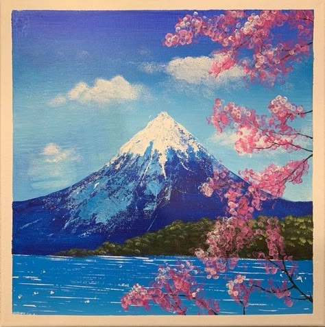 Cherry Blossom Painting, Japan Painting, Easy Acrylic Painting, Simple Canvas Paintings, Easy Canvas Art, Simple Acrylic Paintings, Small Canvas Art, Beginner Painting, Mountain Paintings