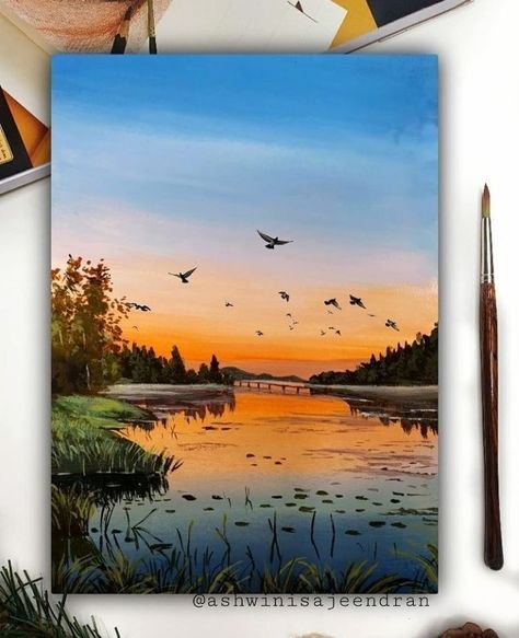 Sunset Canvas Painting, Sky Art Painting, Painting Ideas For Beginners, Canvas For Beginners, Scenery Paintings, Canvas Drawings, Easy Canvas Painting, Canvas Painting Designs, Landscape Art Painting