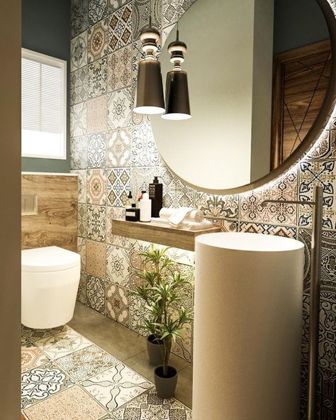 Moroccan-style Bathroom Tile Ideas - Atlas Ceramics Modern Moroccan Bathroom, Moroccan Bathroom Ideas, Moroccan Tile Bathroom, Moroccan Style Bathroom, Moroccan Inspired Bathroom, Half Bath Design, Studio Bathroom, Small Bathroom Paint, Moroccan Bathroom