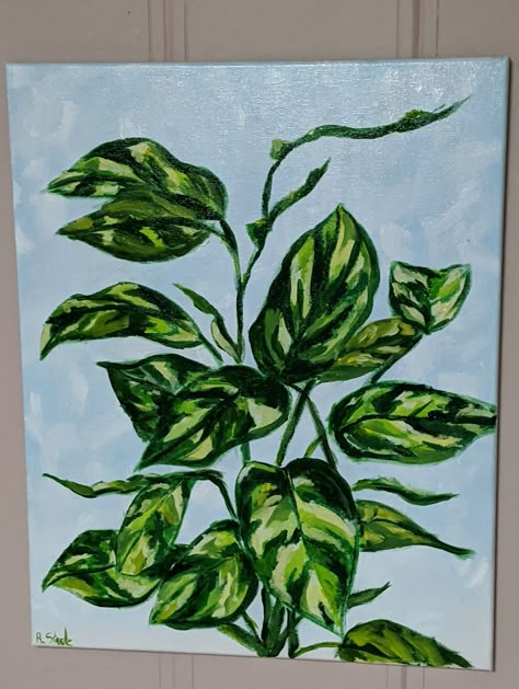 Green Painting Inspiration, All Green Painting, Greenery Acrylic Painting, Canvas Painting Ideas Plants, Green Themed Paintings, Earthy Painting Ideas On Canvas, Easy Botanical Painting Acrylic, Acrylic Leaves Painting, Painting Ideas Plants