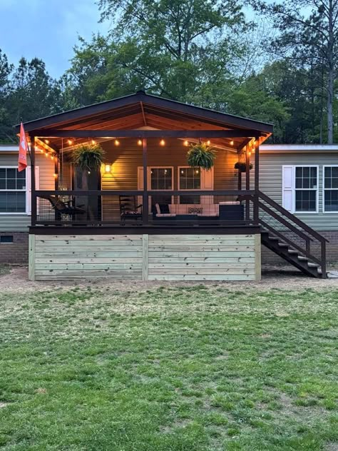 Outside Of Mobile Home Ideas, Trailers With Porches, Deck For Manufactured Home, Singlewide Trailer Front Porch, Double Wide Trailer Porch Ideas, Back Porch Ideas Covered Mobile Home, Front Porch Ideas Trailer, Double Wide Patio Ideas, Porch Add On To Mobile Home