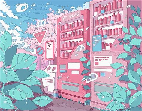 Kawaii Drawings Pink, Japanese Vending Machines, Cute Anime Style, Colors Anime, Wave Aesthetic, Anime Pastel, Graphic Design 101, Graphic Design Newspaper, Anime Retro