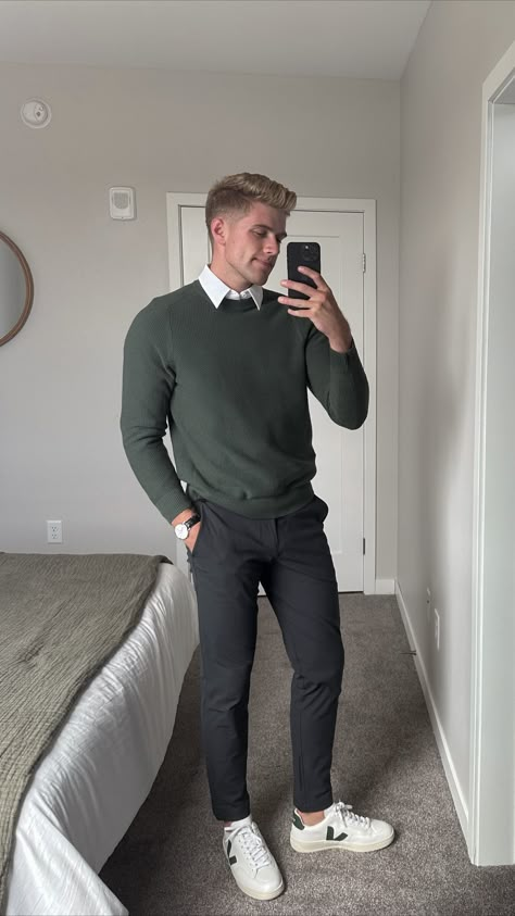 Man Thanksgiving Outfit, Collar Under Sweater Outfit Men, Work Outfits Men Offices, Consulting Outfit Men, Dress Pants With Sneakers Men Outfit, Men’s Outfits Date Night, Mens Veja Sneakers Outfit, Mens Outfit Date Night, Smart Casual Men Outfit Jeans