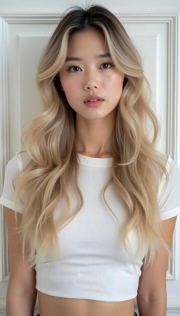 A woman with long blonde hair and a white shirt | Premium AI-generated image Haircut Ideas For Long Hair Blonde, Korean Blonde Balayage, Beige Blonde Asian Hair, Shadow Root Blonde Asian, High Impact Blonde, Tan Asian Blonde Hair, Asian Girls With Blonde Hair, Blond Asian Hair, Honey Blonde Hair Asian