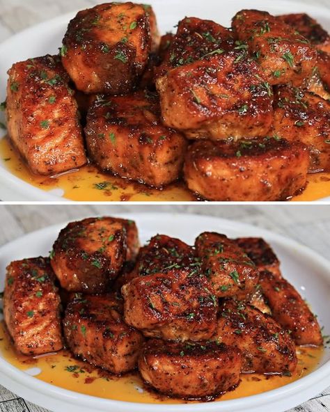 Glazed Salmon Bites, Hot Honey Salmon Bites, Hot Honey Recipe, Air Fryer Salmon, Salmon Bites, Cooks Air Fryer, Butter Salmon, Hot Honey, Glazed Salmon