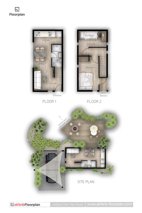 Adding a floor plan to this Airbnb listing in Joshua Tree, California shows that this tiny house offers all the essential spaces and amenities a guest could need. It also showcases the ample external deck which is a great attraction for potential guests. Small House Airbnb, Airbnb House Plans, Airbnb Tiny House, Airbnb Architecture, Airbnb Plans, Tiny House Concept, Tiny Airbnb, Tiny Villa, Small Apartment Layout