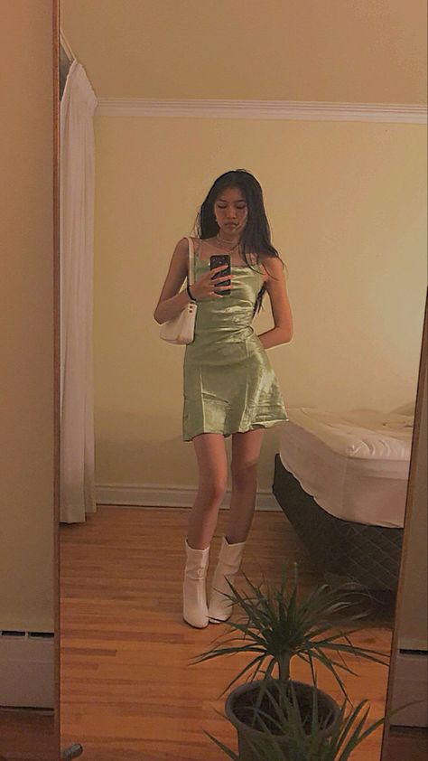 Mini Green Dress Outfit, Sage Green Dress Hoco, Earthy Homecoming Dress, Silk Dress Homecoming, Asian Homecoming Dress, Green Dress Boots, Sage Green Dress Outfit Casual, Sage Dress Short, Silk Dress And Boots Outfit