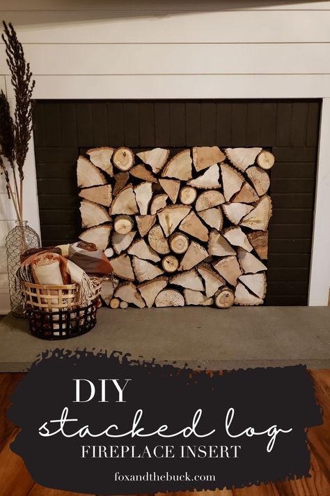 Wood Log Fireplace Insert, Stacked Logs In Fireplace, Log Stack Fireplace, Faux Log Fireplace Cover, Wood Slice Fireplace Cover, Fireplace Filled With Logs, Faux Stacked Log Fireplace, Faux Wood Fireplace Insert, Fake Fireplace Insert